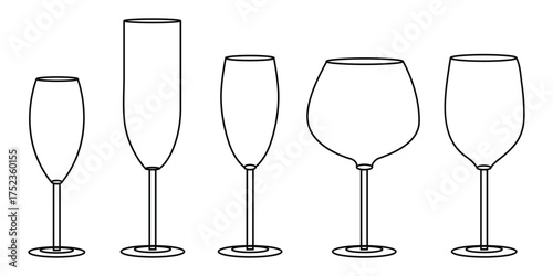 A set of elegant wine glasses. Silhouettes various alcohol cocktail glasses bar set. Black Isolated Glasses of wine, glasses of beer.