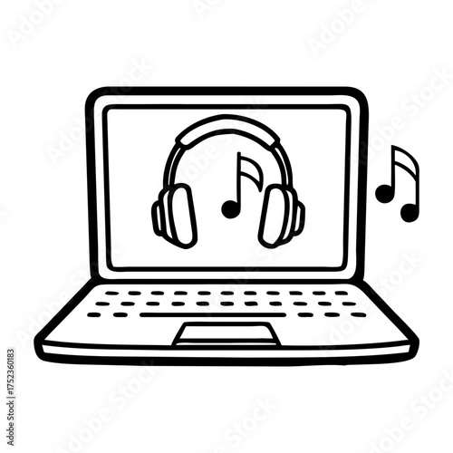 Laptop with headphones and music notes in a minimalist style  
