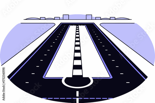 Stylized illustration of an airport runway with distant buildings and a circular approach leading to the tarmac
