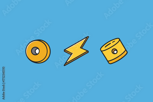 Three yellow cartoon icons representing a cd or record a lightning bolt and a battery or capacitor against a solid blue background