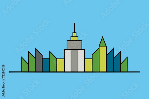 A minimalist geometric cityscape illustration featuring a central tiered skyscraper and surrounding abstract buildings against a clear blue sky