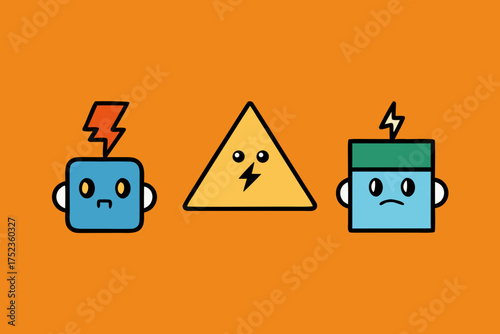 Three cartoon characters with lightning bolts on their heads one yellow triangle and two blue robots against an orange background