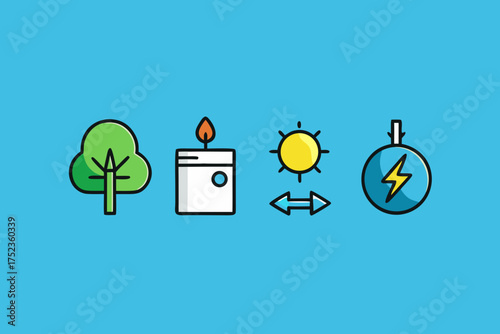 A simple illustration depicting a tree a candle the sun with arrows and a lightning bolt in a circle against a blue background