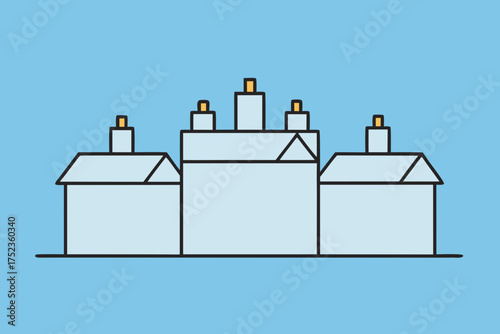 Minimalist illustration of a row of light blue houses with chimneys against a solid sky blue background