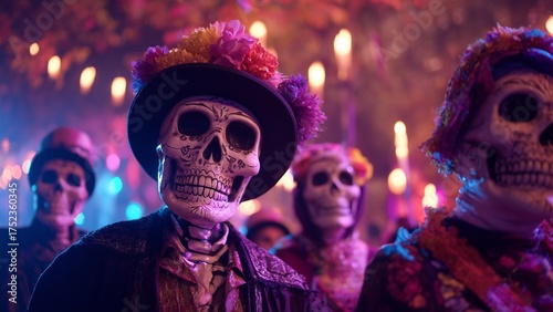 Day of the Dead (Día de Muertos) cinematic frame of a night procession with candles, skeleton costumes, and colorful lights