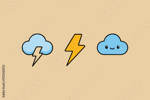 Cute cartoon clouds and lightning bolts on a simple beige background representing weather and energy