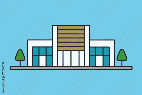 Modern flat design building with horizontal wood accents and green trees against a clear blue sky