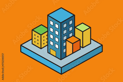 Vibrant isometric cityscape illustration featuring colorful buildings on a bright orange background