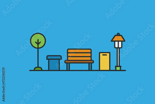 Simple flat design illustration of park elements including a tree bench trash cans and a lamp post on a blue background