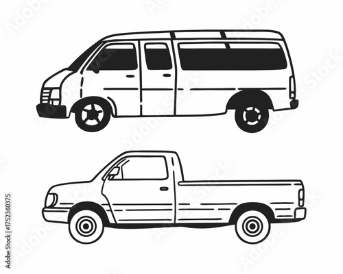 Stylized black and white line drawing of a minivan and a pickup truck side profile