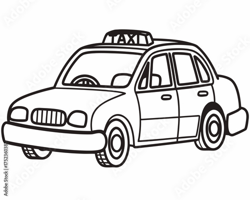 A simple black and white line drawing of a classic taxi cab with a taxi sign on its roof and clear windows