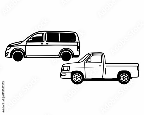 Simple black and white line art illustrations of a modern van and a pickup truck side by side on a white background