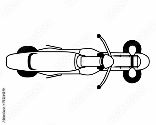 A minimalist black and white line drawing of a classic motorcycle viewed directly from above showcasing its iconic silhouette and design elements
