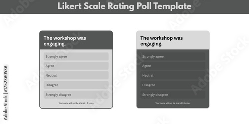 Likert scale rating poll template survey with five-point agree disagree options, workshop engagement feedback questionnaire, gray UI design card component, professional assessment evaluation widget fo