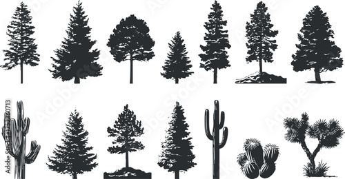 Collection of tree and cactus silhouettes illustrating various botanical shapes in a minimalist style.
