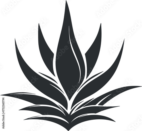 Black silhouette of an agave plant, showcasing sharp, spiky leaves in a minimalist style.