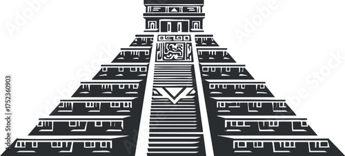 Stylized black and white illustration of an ancient Mayan pyramid with intricate details.