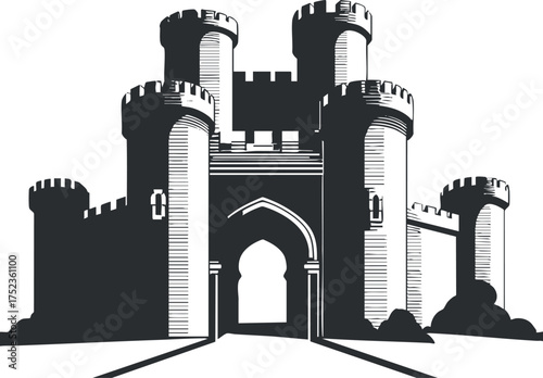 Illustration of a medieval castle with towers and battlements in black and white silhouette.