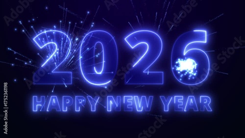 The text 2026 Happy New Year appears on a dark blue background, with fireworks flashing in the background. 