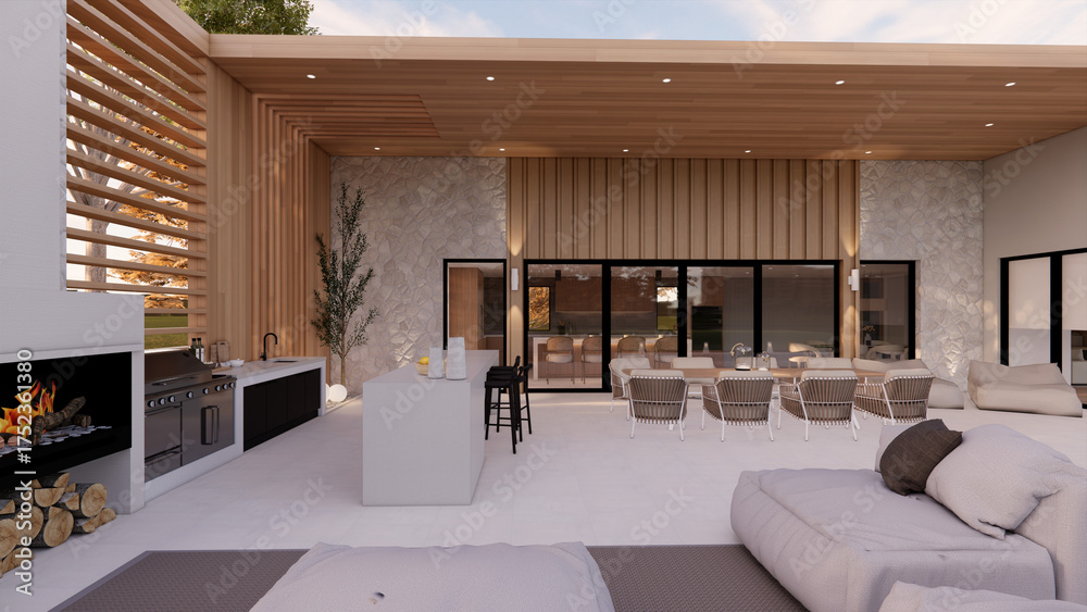 Fototapeta premium Modern Outdoor Space with Built-In BBQ and Dining Table