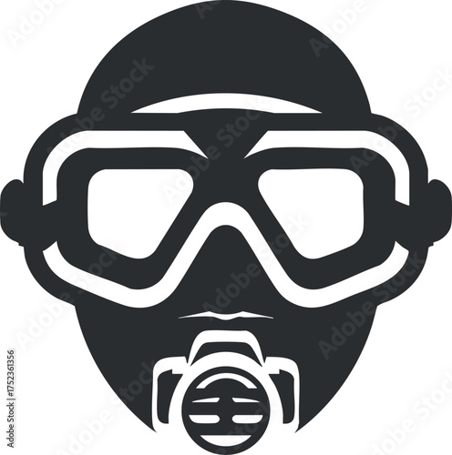 Black and white icon of a person wearing goggles and a respirator for safety protection.