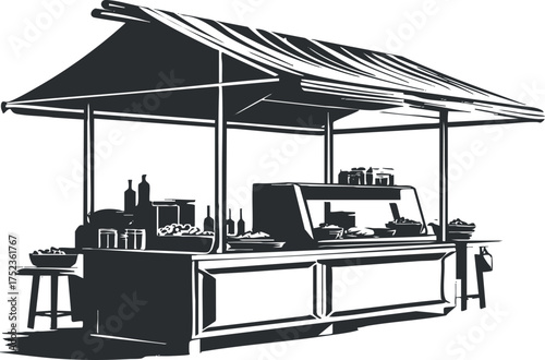 Black and white illustration of an outdoor market stall with canopy and various goods.