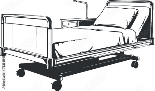 Illustration of a hospital bed with mattress and pillow, highlighting medical furniture in healthcare.