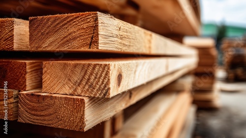 Freshly cut and neatly stacked dimensional lumber planks at a timber yard or sawmill