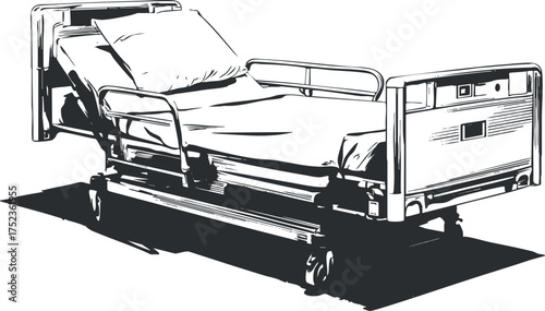 Illustration of a hospital bed with adjustable features for patient care and comfort.