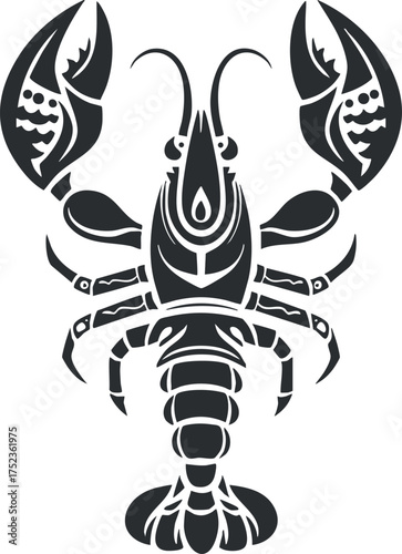 Stylized black and white tribal lobster tattoo design with intricate patterns and bold lines.