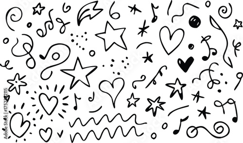 Hand drawn doodle elements including musical notes hearts stars and abstract shapes on white background