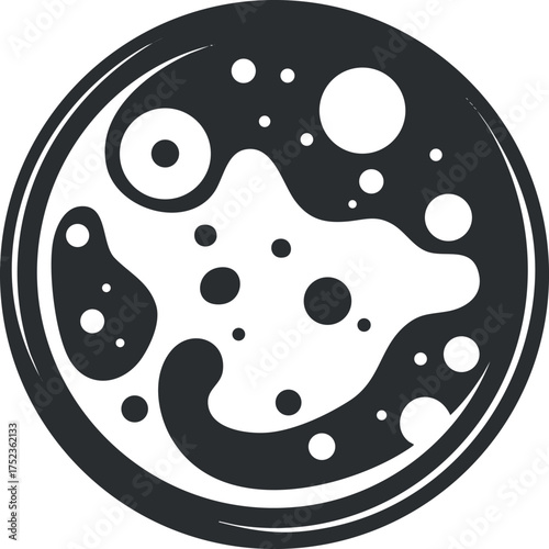 Black and white graphic illustration of the moon with craters, in a circular design.