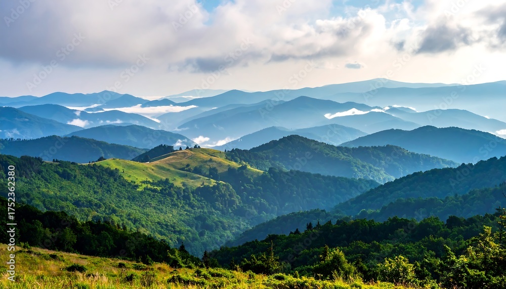 Fototapeta premium A panoramic vista unveils rolling mountains, draped in layers of varying green hues, under a cloudy sky, creating depth and tranquility