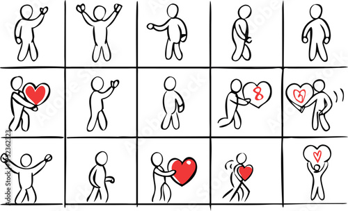 Simple line art figures expressing joy love and connection through gestures and hearts
