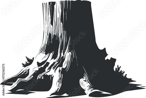 Black and white silhouette of a tree stump with detailed roots and textured bark.