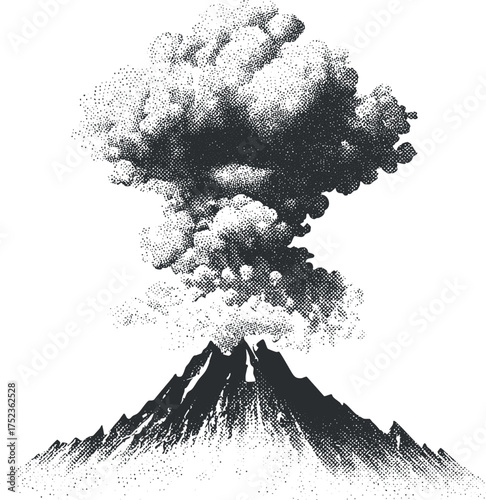 Black and white illustration of a volcano erupting with smoke and ash billowing outward.