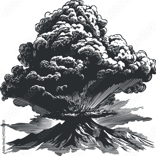 Black and white illustration of a volcanic eruption with dramatic smoke clouds.