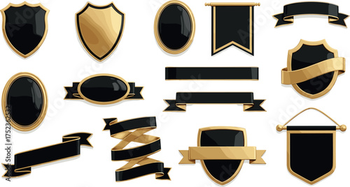 Collection of black and gold shield badges, banners, and ribbons for award or recognition