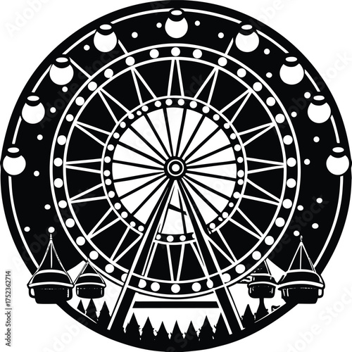 A black and white round medieval astronomical clock ornament with an astrological zodiac design on a white background