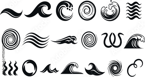 Set of stylized wave icons, representing water and motion in various abstract and realistic forms
