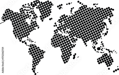 Abstract world map silhouette composed of small black dots on a white background