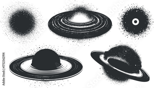 Black and white abstract illustration of planets and cosmic elements with ring patterns.