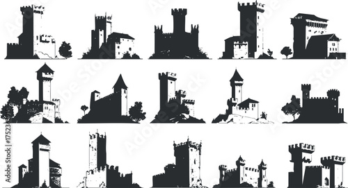 A collection of medieval castle silhouettes in black and white, showcasing diverse architectural styles.