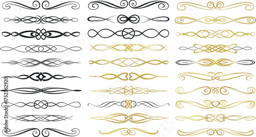 Elegant ornamental design dividers and decorative flourish borders in gold, black, and grey, perfect for enhancing vintage invitations, certificates, and sophisticated graphic layouts