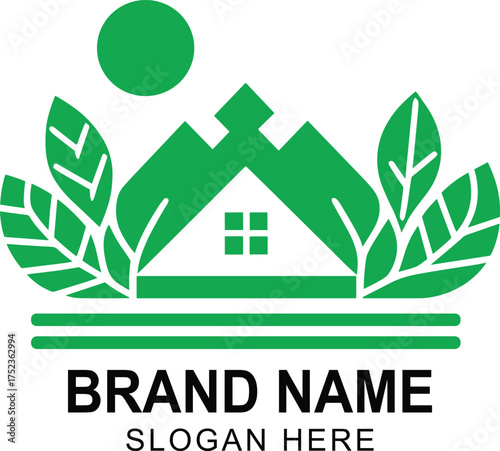 Green house and leaf logo illustration for sustainable real estate brand identity