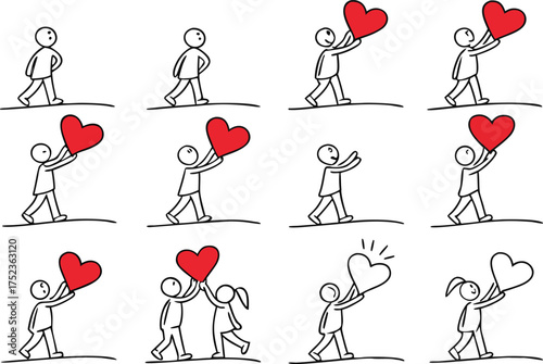 Collection of simple stick figures expressing love and affection through holding red hearts