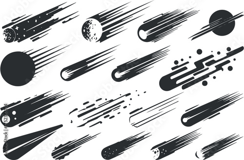 Monochrome illustration of various comets and asteroids with motion trails in space.
