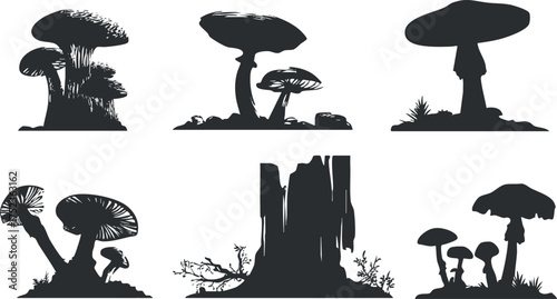 Silhouettes of various mushroom shapes in black and white, highlighting natural and mystical themes.