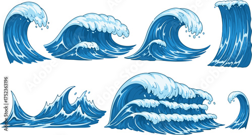Collection of dynamic illustrations showcasing various ocean waves in different forms and sizes, from gentle crests to powerful breakers