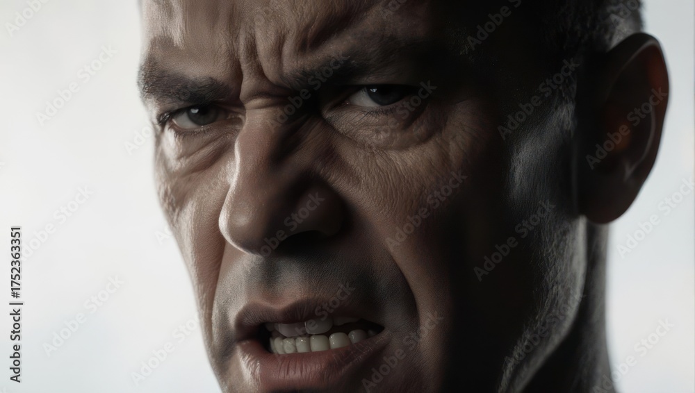 Fototapeta premium Close-up portrait of a man with a furrowed brow, showing intense emotion and worry